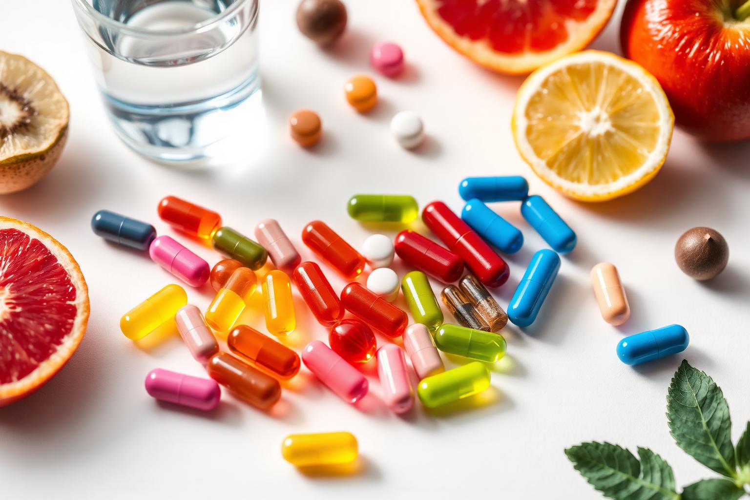 Colorful vitamin supplement capsules with fresh fruit and water